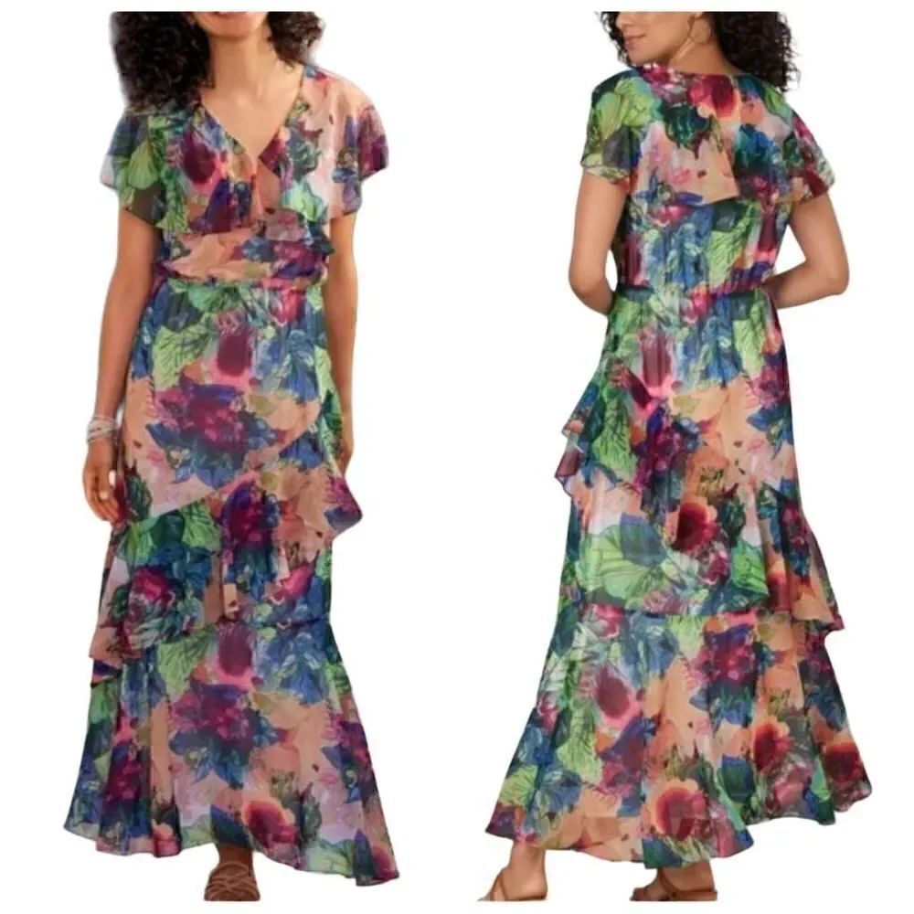 Soft Surroundings Ambrosia Tiered Maxi Dress Planterly Floral Size Medium